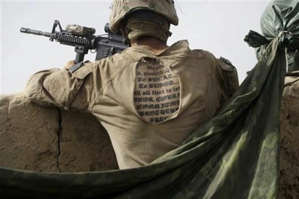 The tattoo of a U.S. Marine from the 2nd MEB, 1st Battalion 5th Marine,